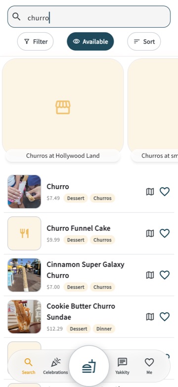 Search results across both parks with food photos and ratings.